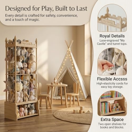 57" Wooden Stuffed Animal Storage Tower with Toy Chest - Castle Design