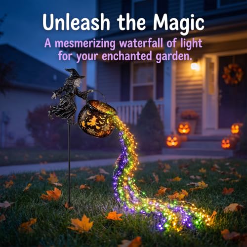 Halloween Flying Witch Cauldron Garden Stake Light with LED Projector