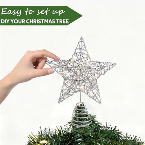 AUMAYCO Silver Star Tree Topper 20 LED Lights Christmas Decoration, Remote Control, 11.8 x 9.5 Inch