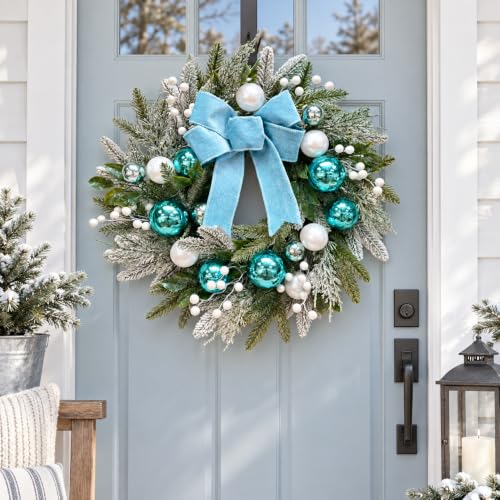 22-Inch Lighted Christmas Wreath with Timer, Blue Bow & Ornaments