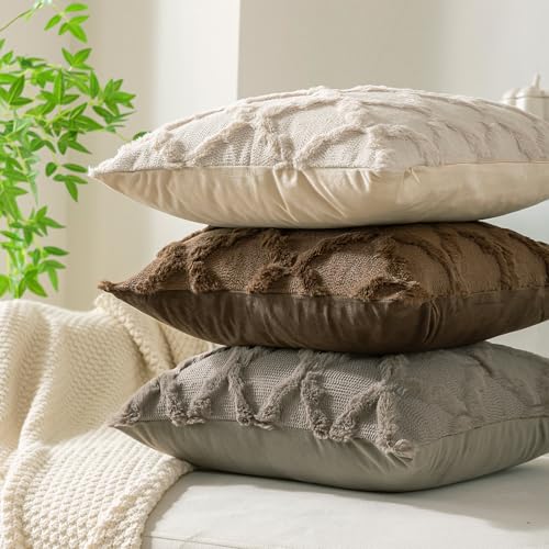 Set of 2 Moroccan Faux Fur Throw Pillow Covers 18x18 Inch Beige Boho
