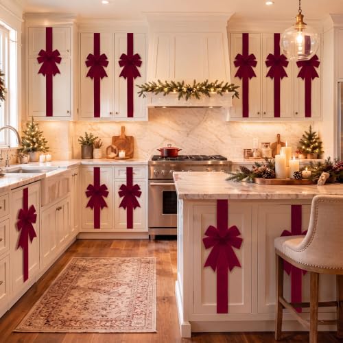 Burgundy Velvet Christmas Cabinet Bows with Ribbon - Set of 6 Holiday Decor