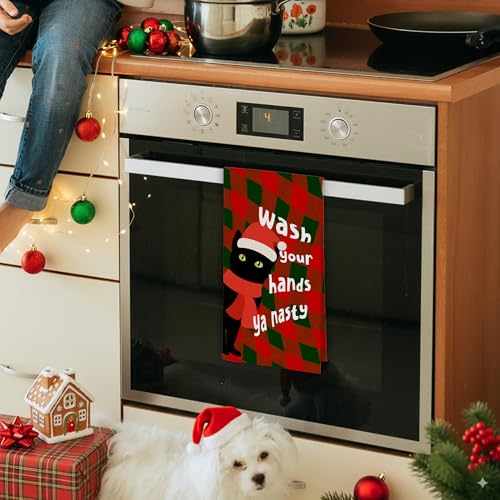 Christmas Black Cat Santa Hat Kitchen Towels - Red & Green Checkered Hand Towels, 16x24in, Gift for Cat Lovers