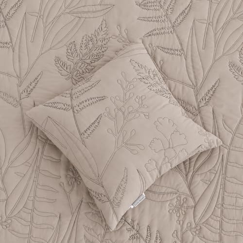 DaisyHuang Oversized King Quilt Bedspread Set - Taupe Leaf Stitching