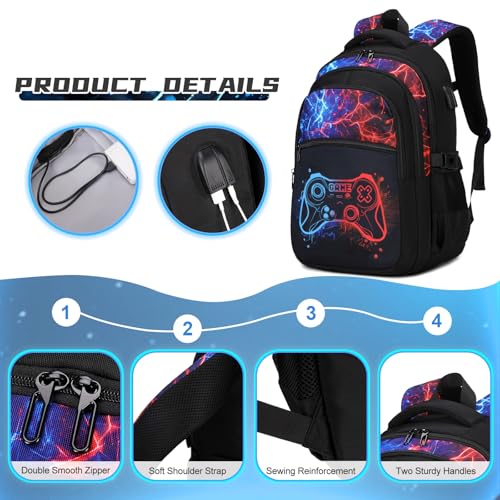 Boys Luminous Gamer School Backpack 3-Piece Set with Lunch Box & USB Port