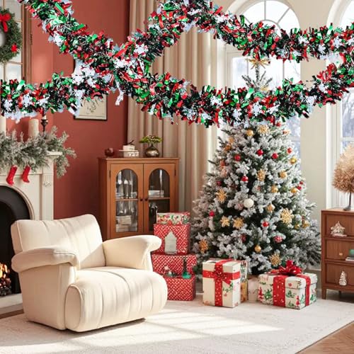 50ft Christmas Metallic Tinsel Garland with Snowflakes - Red and Green