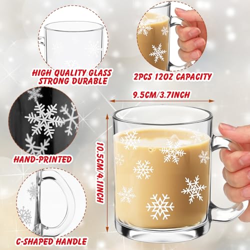 Tioncy 12 oz 2-Piece Snowflake Glass Coffee Mugs with Handle – White, Pack of 2