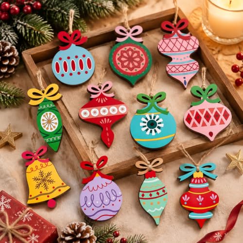 Amyhill Vintage 24 Pcs Wooden Christmas Ornaments with Rope - Retro 12 Styles