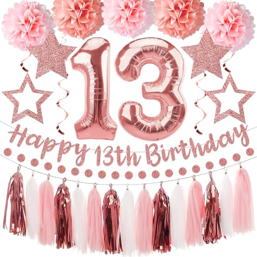 13th Birthday Decorations Kit for Girls, Pink and Rose Gold Party Supplies