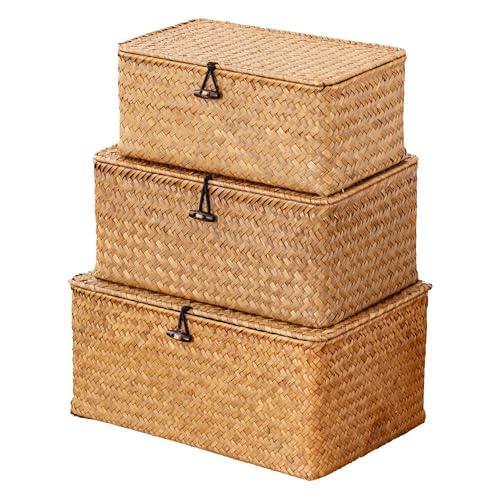 Wicker Storage Basket with Lid, Hand-Woven Seagrass Basket Set of 3