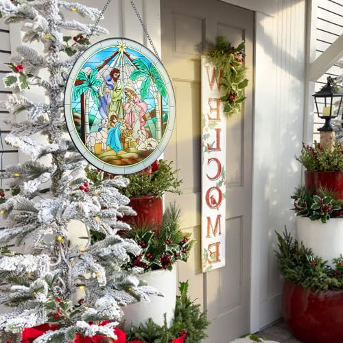 Stained Glass Nativity Scene Window Hanging Decor | Hand-Painted Artwork