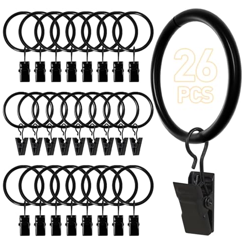 26 PCS Black Curtain Rings with Clips, 1.26-Inch Inner Diameter