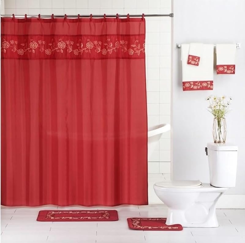 Comfy Deal 18-Piece Red Bathroom Set with Shower Curtain, Rugs & Towels
