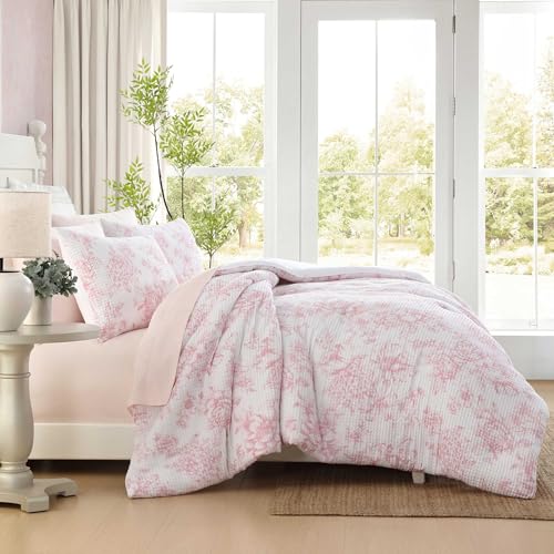 Floral Waffle Textured Comforter Set with Shams - Pastel Pink, Full/Queen
