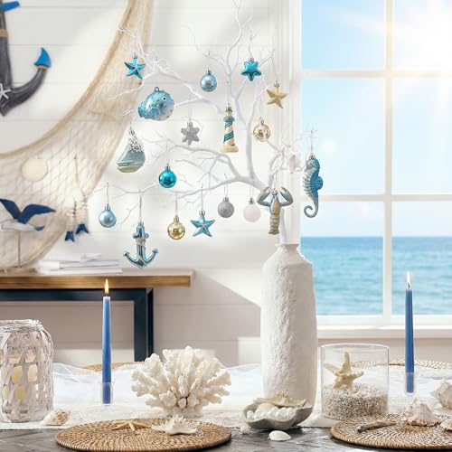 50-Piece Shatterproof Teal Nautical Coastal Tree Ornaments Set for Beach Decor