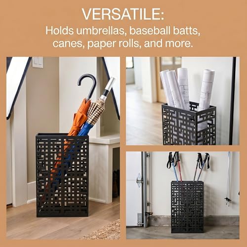 Metal Umbrella Stand for Entryway - Modern Hollow Storage Bin, Black
