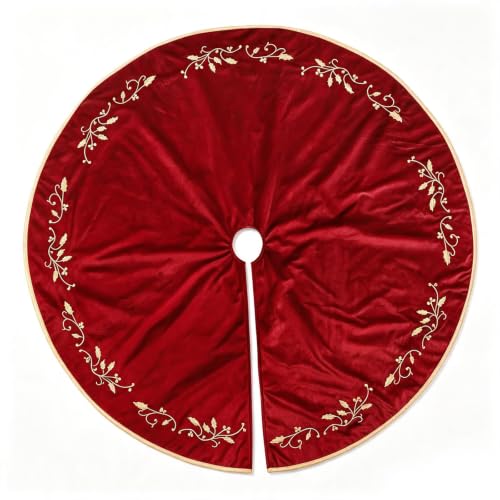 48-Inch Red Velvet Christmas Tree Skirt with Gold Embroidered Holly Leaves