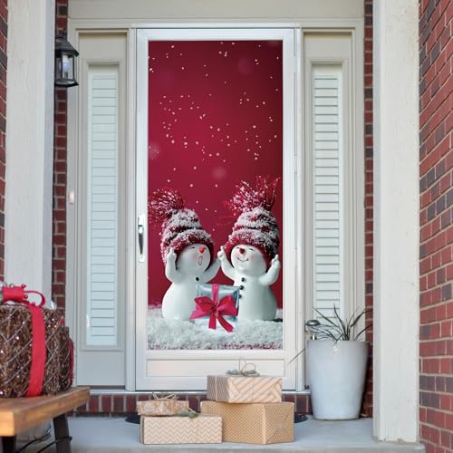 Mt5968 32x80 Christmas Door Sticker Snowman Scene Red Ornaments Waterproof Peel & Stick