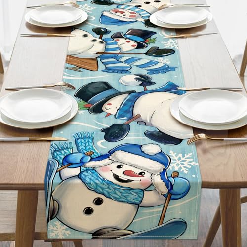 Croar Winter Skiing Snowman Blue Table Runner 13 x 72 in - Christmas Snowflake Decoration