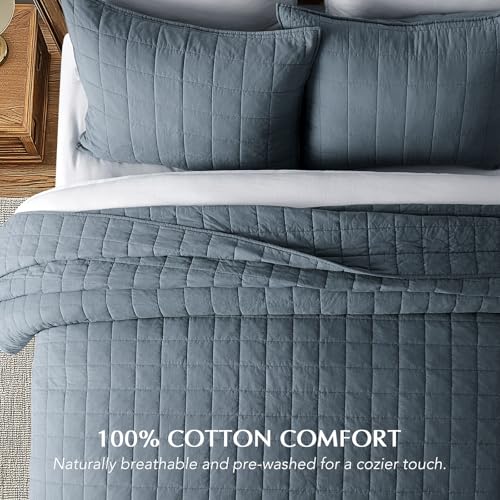 100% Cotton Box Stitch Quilt Set, Queen, Midnight Blue - 3 Piece Bedding