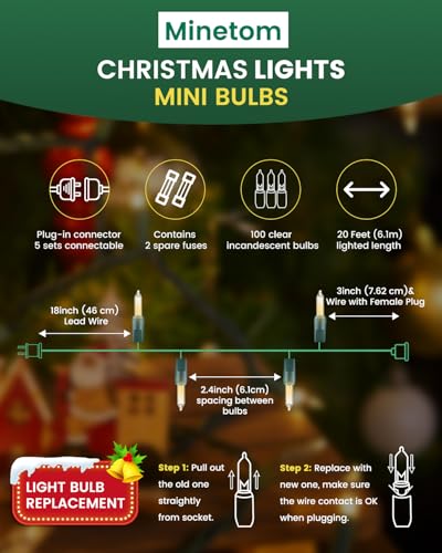 Minetom Clear Christmas String Lights 20Ft 100 Count Incandescent Mini Lights