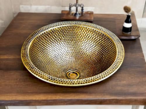 14-Inch Hand Hammered Brushed Brass Bathroom Sink, Dual Mount Round Basin