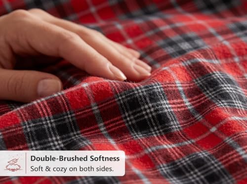 RUVANTI 100% Cotton Flannel Sheets Set Queen 4 PCs Red Plaid