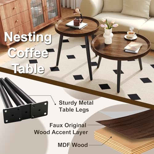 2-Piece Mid-Century Modern Nesting Coffee Table Set, Walnut Wood Finish