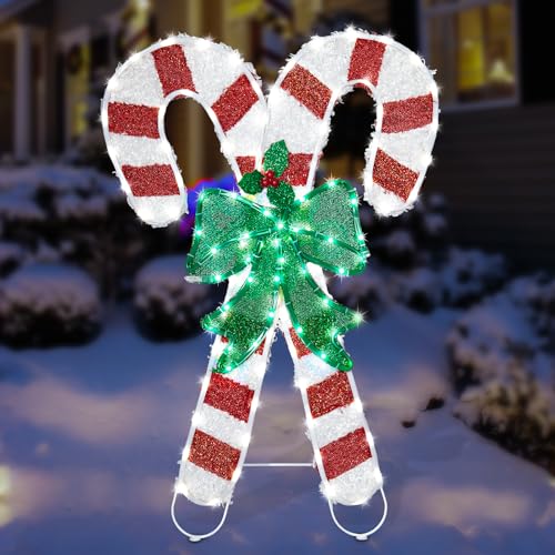 Wonder Solar 1.6FT x 2.5FT Lighted Christmas Candy Cane Decoration with Green Bow