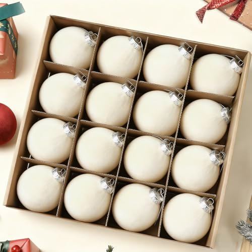 Cream White Velvet Christmas Ornaments 3.14 Inch, Set of 16 Holiday Tree Decorations