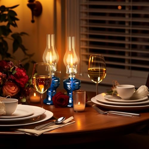 Vintage Glass Hurricane Oil Lamp Set of 2 - 13 Inch Indoor Kerosene Lanterns