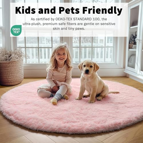 Soft Fluffy Round Area Rug (4ft) - Light Pink Non-Slip Plush Carpet