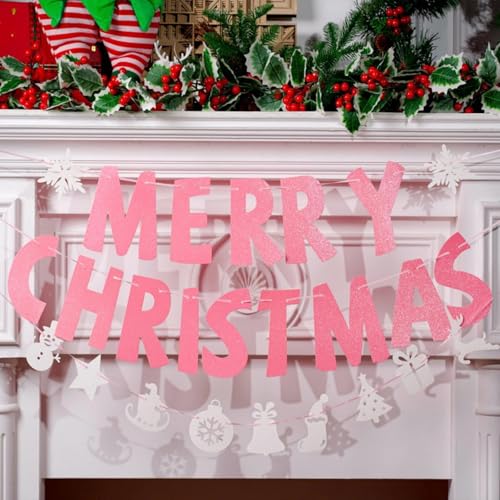 Pink Merry Christmas Banner Decorations Set - Indoor Holiday Wall Signs, Includes 3 Pre-Assembled Pink/Classic Variations