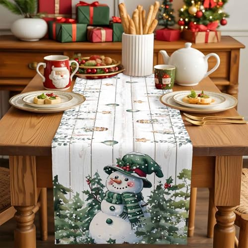Gray Green Christmas Snowman Table Runner 13x120 Inches Holiday Decor