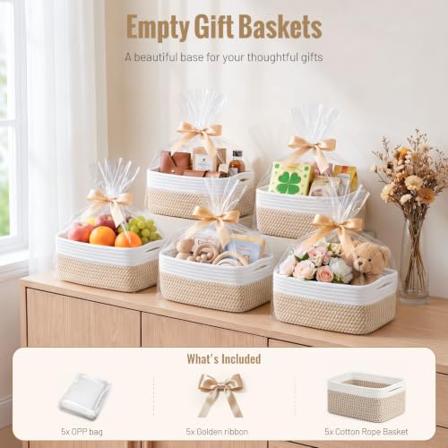 5-Pack Small Woven Cotton Rope Storage Baskets for Shelves and Closets
