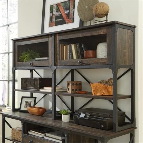 Industrial 66-Inch Office Hutch with Glass Doors and Adjustable Shelves
