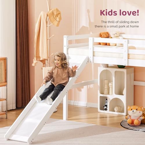 Twin Low Loft Bed with Slide for Kids, Sturdy Pinewood Frame with Guardrail