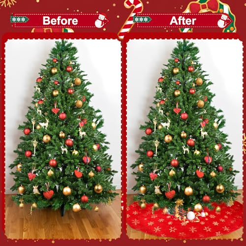 48in Red Faux Fur Christmas Tree Skirt with Gold Sequin Snowflakes