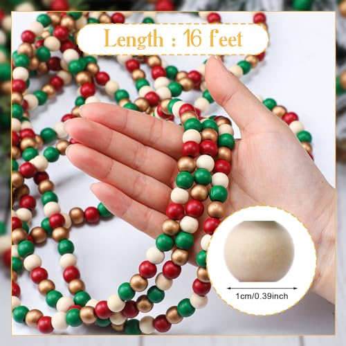 WILLBOND 16ft Wooden Bead Garland for Christmas Tree - Classic Color