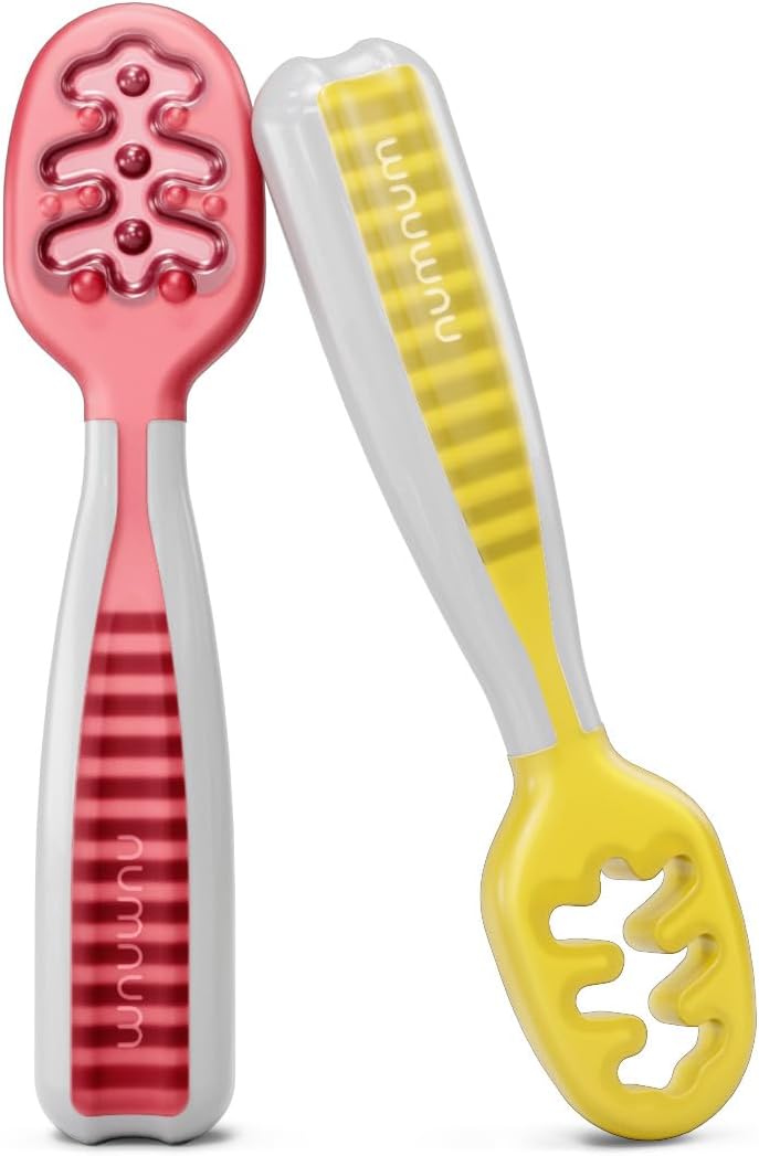 NumNum Baby Spoons Set - Pre-Spoon GOOtensils for 6+ Months | Silicone Toddler Utensils, BPA-Free, 2 Pack Red/Yellow