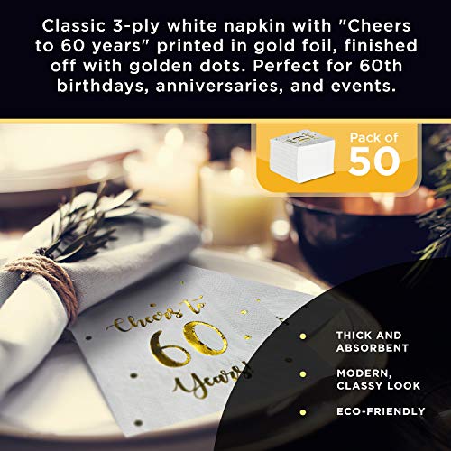 White Cheers to 60 Years Cocktail Napkins | 50-Pack, 3-Ply, 5x5 Inch | Happy Palace