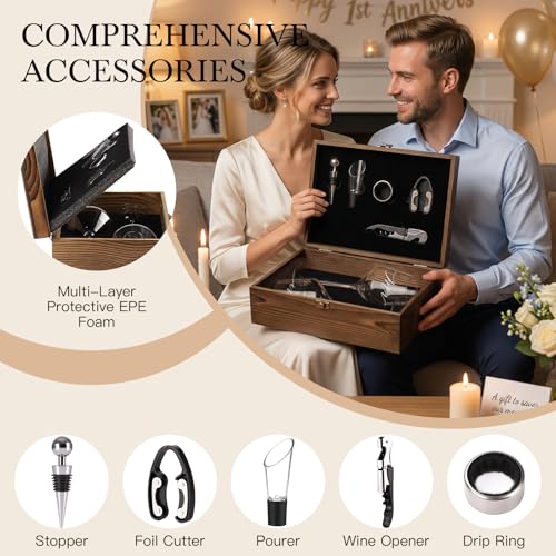 Mr & Mrs Engraved Wine Glasses with 5-Piece Accessory Kit & Wooden Gift Box - Wedding & Anniversary Gift Set