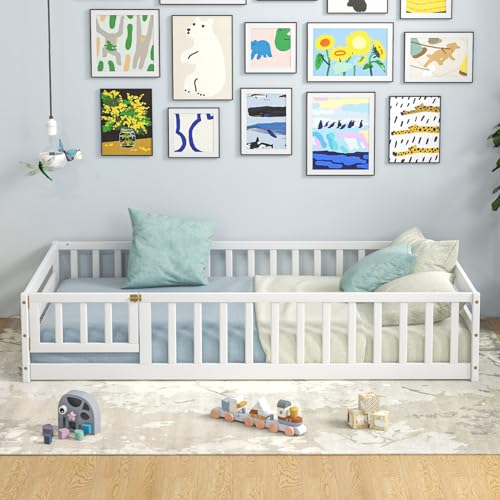 Twin Wooden Montessori Floor Bed Frame with Safety Guardrails & Door