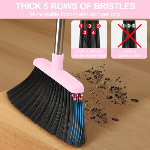 Pink Long Handle Broom and Dustpan Set with Self-Cleaning Teeth