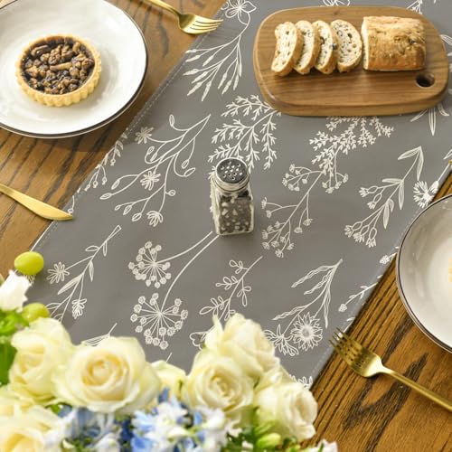 Artoid Mode 13x72 Inch Leaves Flowers Spring Table Runner Silver Seasonal Kitchen Decor