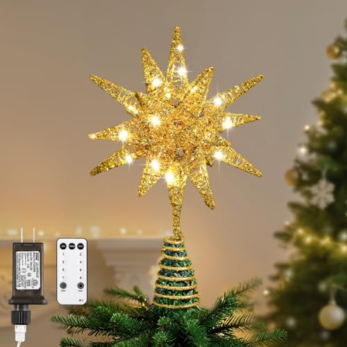 3D Lighted Star Christmas Tree Topper with Remote & Timer, 11 Inch Gold