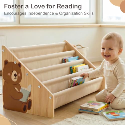 4-Tier Montessori Toddler Bookshelf - Solid Wood Nursery Book Organizer
