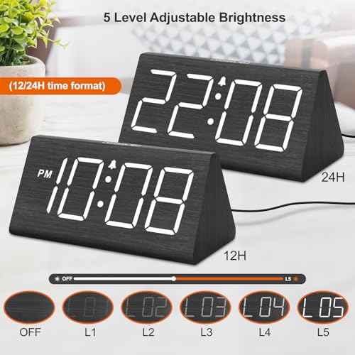 Wooden Digital Alarm Clock with USB Charger - Loud Desk Clock for Bedrooms
