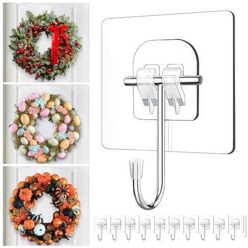 10 Pack Heavy-Duty Wreath Hangers for Front Door - Clear Adhesive Hooks