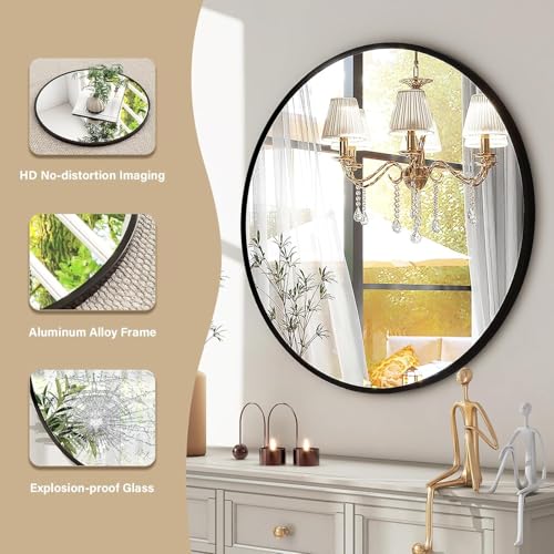 30-Inch Round Wall Mirror with Black Aluminum Alloy Frame